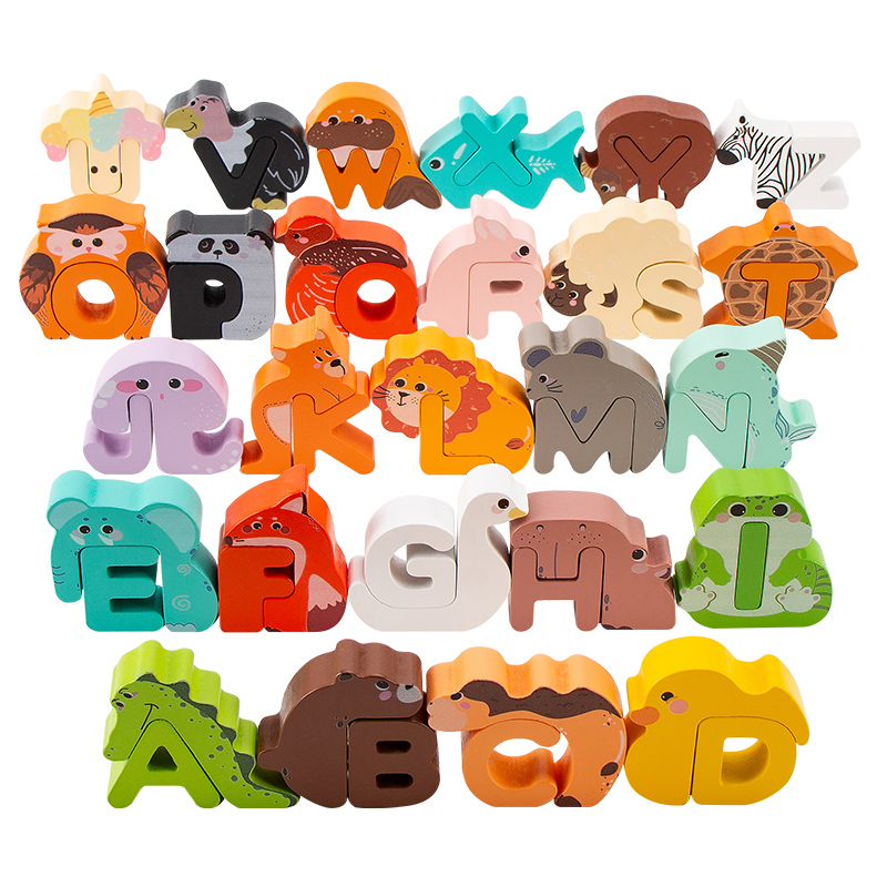 Kids Educational Game 3 - 26Pcs Wooden Animal Alphabet Blocks, A-Z